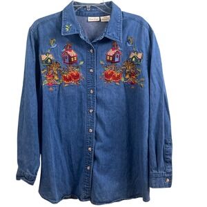 Bobbie Brooks Denim‎ Embroidered Bird Houses Farm Cottage Core Shirt 14-16W